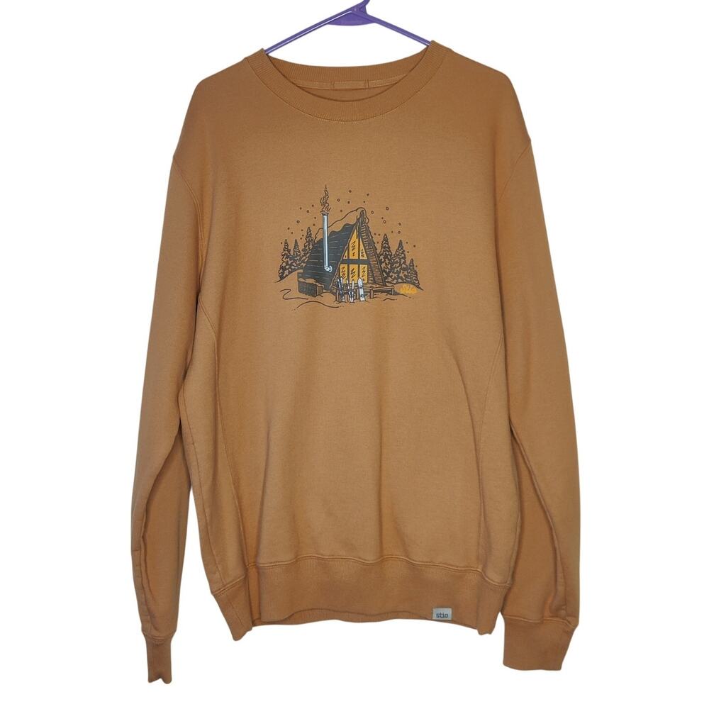 Stio Apres Ski Lodge Crewneck Organic Cotton Fleece Sweatshirt Tan Medium Unisex